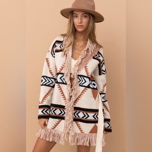 Boho Fringe Aztec Open Cardigan Sweater - Cream & Tan